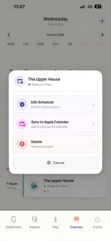 Long-press menu — edit, reschedule, or sync a planned visit